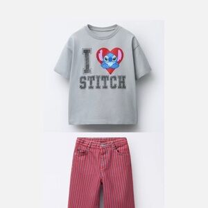 Zara Gray 'I Love Stitch' Kids Tee and Red Striped Pants Set